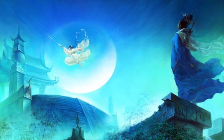 Full moon Dream - town, blue, silver, japen, dream, castle, sky