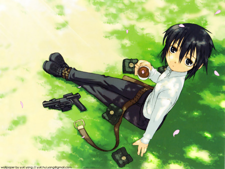 Break of killing - gun, girl, pistol, tea, weapon, grass, shine, shadow