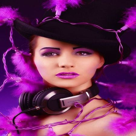 PURPLE WORLD..HAT ,EYES, LIPS - woman, music face, make up, lips, hat, eyes, feater