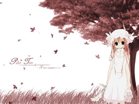 red falling leaves - white, girl, red, anime, tree, shine, dress