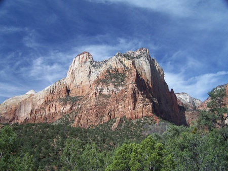 the rock - trees, hills, rock, grass, mountains, sky