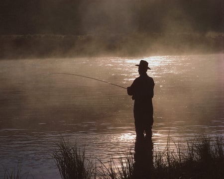 Fisherman - white, silhouette, brown, fishing, hat, man, black