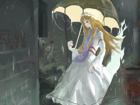 Touhou Yukari - yukari yakumo, umbrella, touhou, rain, slum