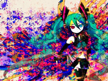 Hatsune Miku - virtual, random, miku, hatsune, vocaloids, hot, abstract, girl, red eye, colorful, program, cool, awesome, vocaloid, thighhighs, anime, twintail, diva, nice, skirt, sexy, aqua hair, blue eyes, idol, colors, painting, hatsune miku