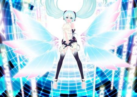 Miku Append - pretty, angel, pink, nice, program, append, hot, thighhighs, beauty, virtual, white, wings, cute, aqua eyes, sexy, vocaloid, anime, blue, twintail, hatsune miku, aqua, idol, miku append, beautiful, girl, cool, colorful, miku, awesome, diva, aqua hair, hatsune, vocaloids