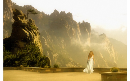 The view - girl, golden, mountain, view