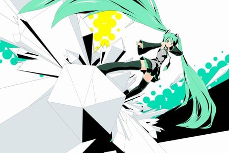 Hatsune Miku - tie, pretty, stage, uniform, headphones, nice, thighhighs, beauty, virtual, white, cute, aqua eyes, song, vocaloid, anime, yellow, blue, twintail, hatsune miku, microphone, music, aqua, idol, skirt, beautiful, crystals, girl, cool, black, miku, awesome, diva, aqua hair, hatsune, vocaloids, headset