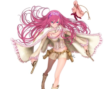 Megurine Luka - anime, vocaloid, female, dress, long hair, luka, pistol, weapon, pink hair, anime girl, hot, gun, megurine, girl, cape, simple, blue eye, white, megurine luka, cute, sexy