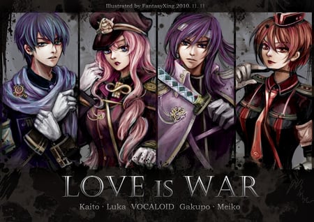 Love is War - nice, beauty, gakupo, music, kaito, virtual, pretty, cool, megurine luka, katana, idol, anime, sword, cute, luka, girl, song, meiko, vocaloids, program, boy, vocaloid, beautiful, awesome, uniform, diva, weapons, guns