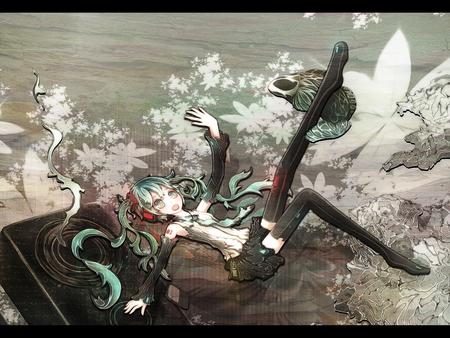 Hatsune Miku - pretty, artistic, stage, headphones, nice, program, thighhighs, bass, beauty, virtual, butterfly, cute, aqua eyes, vocaloid, anime, blue, base, twintail, hatsune miku, aqua, shore, art, idol, skirt, water, beautiful, sea, girl, cool, ocean, black, miku, awesome, diva, waves, aqua hair, hatsune, vocaloids, headset, fish