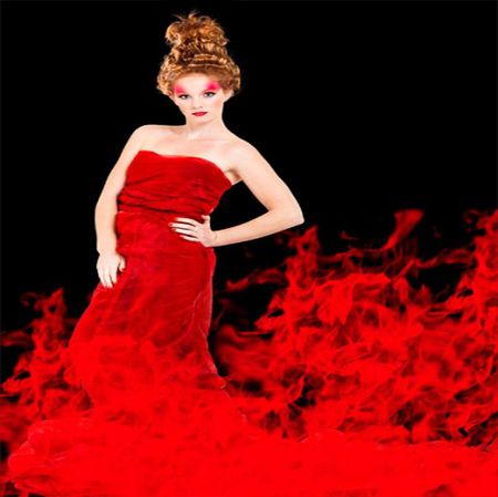 RED DRESS IN FIRE... - elegant, woman, fire, red, dress, heat