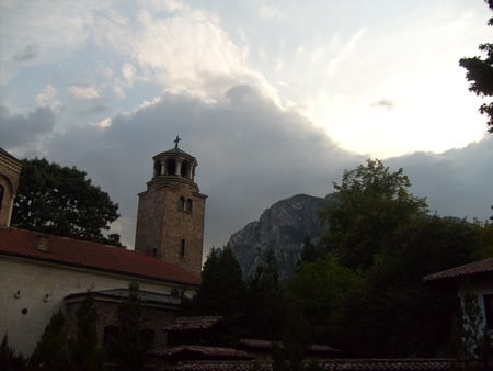 Church - clouds, tower, sin, photo, light, church, architecture, vratza, religious, mountain, tree, photogrpahy, roof, sky, bulgaria