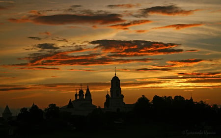 Sunset over the monastery - sky, monastery, russia, sunset