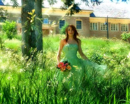 BRIDE OF NATURE.. - bride, tress, woman, green, beauty, grass, emerald