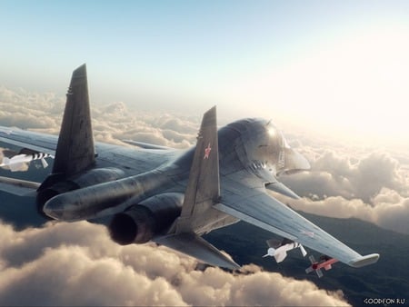 Su 34 - clouds, airplane, aircraft, military, su, sky