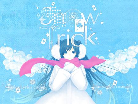 Snow Trick - pretty, snow, angel, headphones, nice, beauty, virtual, white, scarf, wings, cute, aqua eyes, song, vocaloid, anime, blue, twintail, hatsune miku, music, aqua, sky, idol, winter, beautiful, girl, cool, ear muffs, miku, awesome, diva, cold, aqua hair, hatsune, vocaloids, headset