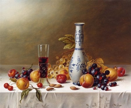 Vintage Wine - nuts, peaches, glass, plums, wine, vase, still, cherries, cloth, table, leaves, grapes