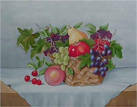 Floral Fruit - grape leaves, peaches, table cloth, apples, cherries, wicker, table, basket, pears, grapes