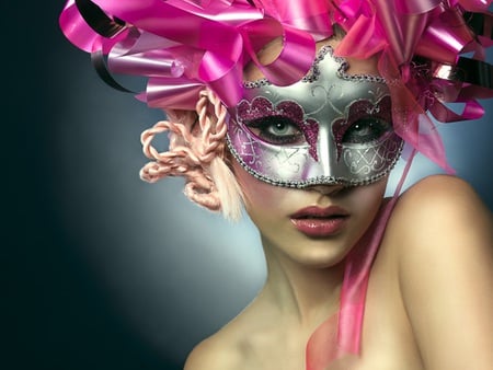 Pink Mask - pretty, skin, elegant, people, female, fashion, eyes, pink, mask, face, women, abstract, august, beautiful, photography, figure, colors, colours, black, fantasy, grey, white, bradley, silver, woman, cute, models female