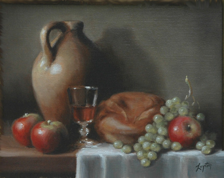 Where's The Dough - bread, grapes, wine, silk, apples, table, glass, jug