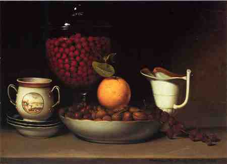 Still Servings - glass, creamer, sugar bowl, mix, nuts, jar, bowl, saucers, berries, orange