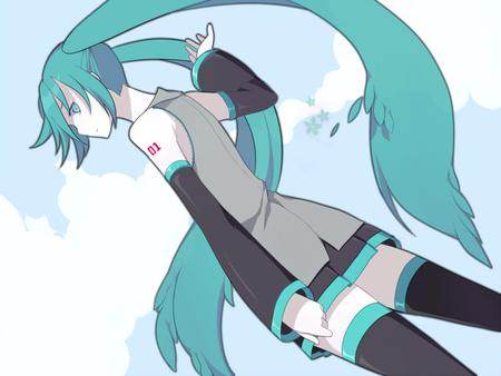 Hatsune Miku - pretty, anime, vocaloid, original, hatsune miku, aqua, music, nice, sky, idol, clouds, program, skirt, beautiful, girl, thighhighs, virtual, beauty, cool, twintal, black, white, miku, awesome, diva, aqua eyes, cute, aqua hair, hatsune, vocaloids, song