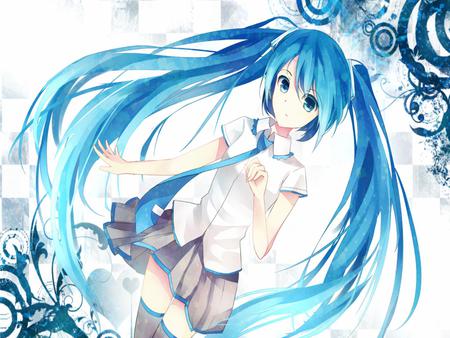 Hatsune Miku - pretty, tie, anime, vocaloid, twintail, original, hatsune miku, uniform, aqua, nice, idol, abstract, program, skirt, beautiful, girl, thighhighs, virtual, beauty, cool, school uniform, black, white, miku, awesome, diva, aqua eyes, cute, aqua hair, hatsune, vocaloids