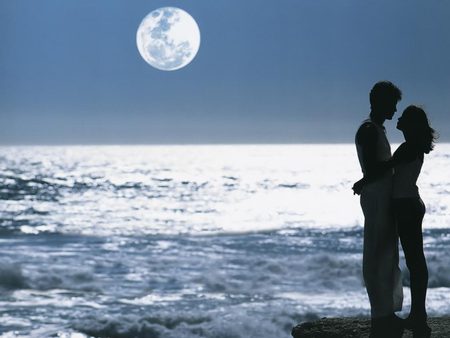 Love - hug, moon, love, beach, girl, boy, water, sand