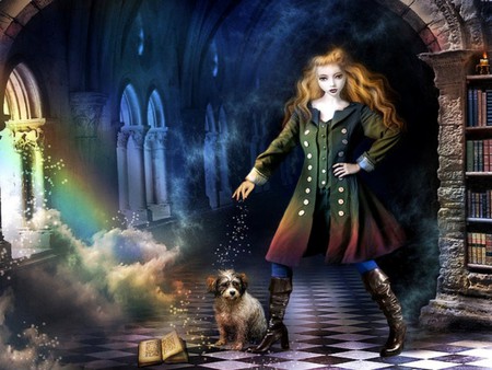 MAGICIAN GIRL - bookcase, girl, dog, magic