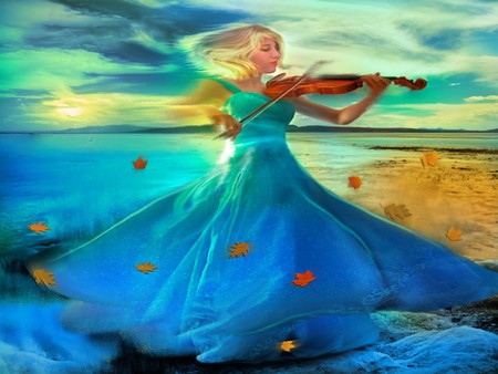 PLAYING THE VIOLIN - colorful, violin, sunset, female