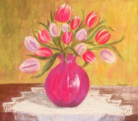 Pink On Pink - girlie, tulips, vase, lacey, pretty, shades, doily, table, flowers, pinks