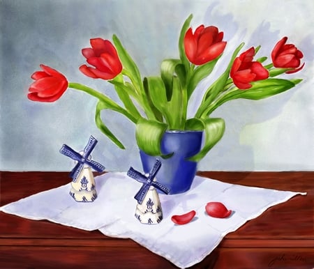 Red Tulips - red, pot, doily, tulips, flowers, spring, leaves, stems, figurines, wood, blue, table, dutch, floral