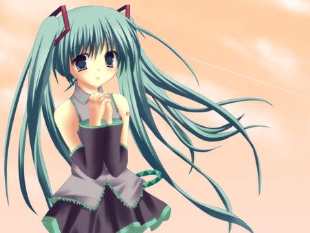 Hatsune Miku - virtual, miku, hatsune, black, cute, beautiful, vocaloids, song, girl, white, program, aqua eyes, pretty, cool, aqua, beauty, awesome, vocaloid, thighhighs, anime, twintail, original, diva, blue, sky, nice, clouds, skirt, aqua hair, idol, music, hatsune miku