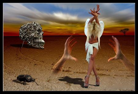 DESERT DANCE - bug, skull, sand, sky, clouds, female, desert, tree, dance, sunset, hands