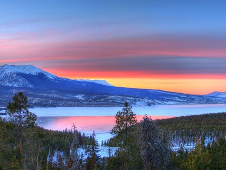 Dawn of Winter in Mountain Lake - multicolor, rivers, pink, trunks, plants, seasons, sunlight, sunrises, special, sunshine, colors, stones, colours, laguna, wonderful, frozen, ice, green, blue, yellow, delicacy, sunsets, leaves, forests, red, violet, sky, sun, clouds, winter, water, photoshop, morning, cool, colorful, black, cold, sundown, wood, snow, stunning, nice, delicate, pond, beauty, fullscreen, white, mounts, background, lakes, wallpaper, evening, photo, reflection, desktop, creeks, dawn, purple, mirror, grove, branches, trees, beautiful, photography, orange, pc, peaks, icy, afternoon, breathtaking, lagoons, reflects, leaf, day, mountains, rocks