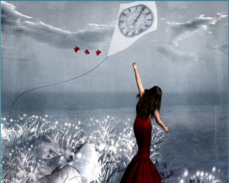 FLUIDITY OF TIME - woman, sky, female, fluidity, kite, time, fantasy, abstract, red, clock