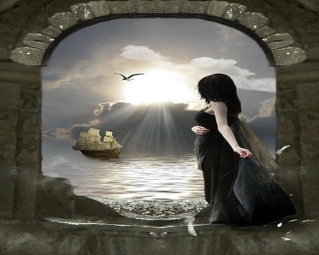 GOTHIC WOMAN & SAILING SHIP - woman, ocean, ship, sun, sailing, gothic, bird