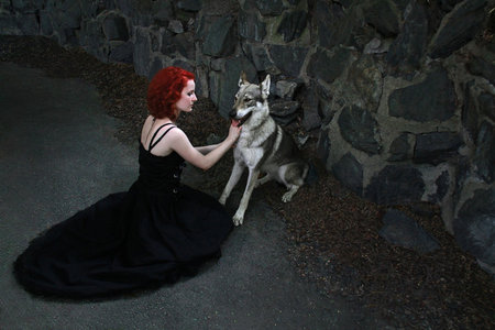 GOTHIC WOMAN AND WOLF DOG - dog, gothic, woman, dark