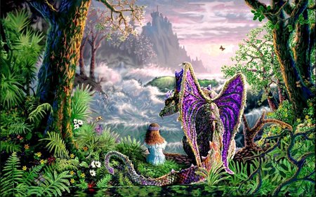 MAGIC EVENING - girl, forest, magic, colorful, dragon, child