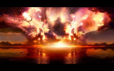 Fire in the Sky - bright, explosion, fire, sea