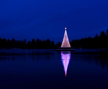 Christmas on the lake - blue sky and water, british columbia, night, winter, christmas, lights