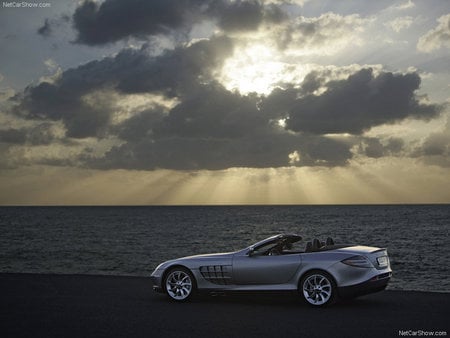 Mercedes SLR McLaren - mercedes, sunset, beach, mclaren, ocean, sky