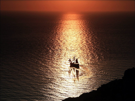 Evening tranquility - shore, sunset, sailboat, red sky, ocean, ripples