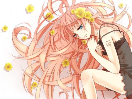 Megurine Luka - pretty, anime, lonely, vocaloid, yellow, dress, pink, luka, flowers, black dress, nice, pink hair, idol, program, beautiful, megurine, girl, virtual, beauty, cool, black, white, awesome, diva, megurine luka, cute, vocaloids