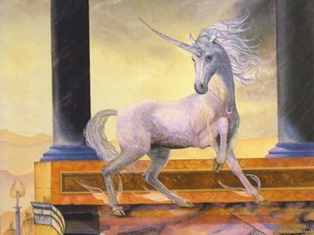 Land Of Fantasy - bird, proud, column, tail, horse, strong, fantasy, white, horn, unicorn, colosseum, statue