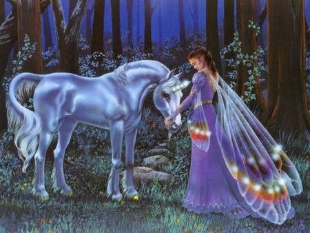 Fairy Land - trees, dress, grass, night, forest, horse, fantasy, white, purple, horn, wings, fairy, unicorn, rocks