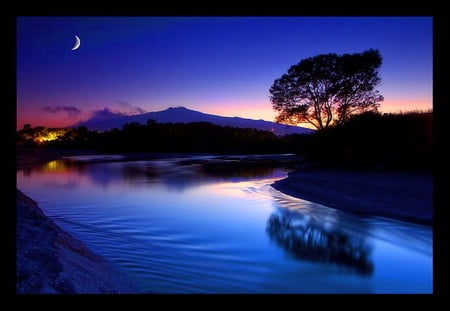 Goodbye day hello night - moon, shore, sunset, blue sky and water, lake, mountains, tree