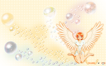 Nami Bubble - cute, one piece, hot, abstract, anime girl, girl, wings, gold, nami, orange hair, water, short hair, wing, yellow, anime, bubble, sexy, female, angel