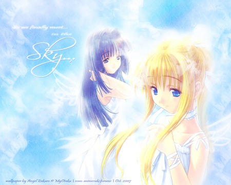 we-meet-in-the-sky - anime, female, wing, blue, dress, angel, long hair, mist, purple hair, abstract, anime girl, hot, girl, blonde hair, girls, fantasy, blue eye, white, wings, cute, sexy