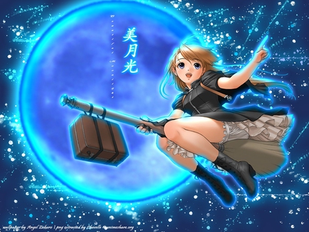 Once-In-A-Blue-Moon - star, anime, female, blue, neon, flying, dress, light, bag, long hair, shining, float, fly, moon, abstract, anime girl, broom, hot, girl, brown hair, neon light, broom stick, luggage, witch, fantasy, blue eye, bright, cute, sexy, shine